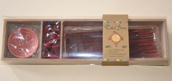Holzkästchen mit Räucherstäbchen, Kegel und Halter, Rose